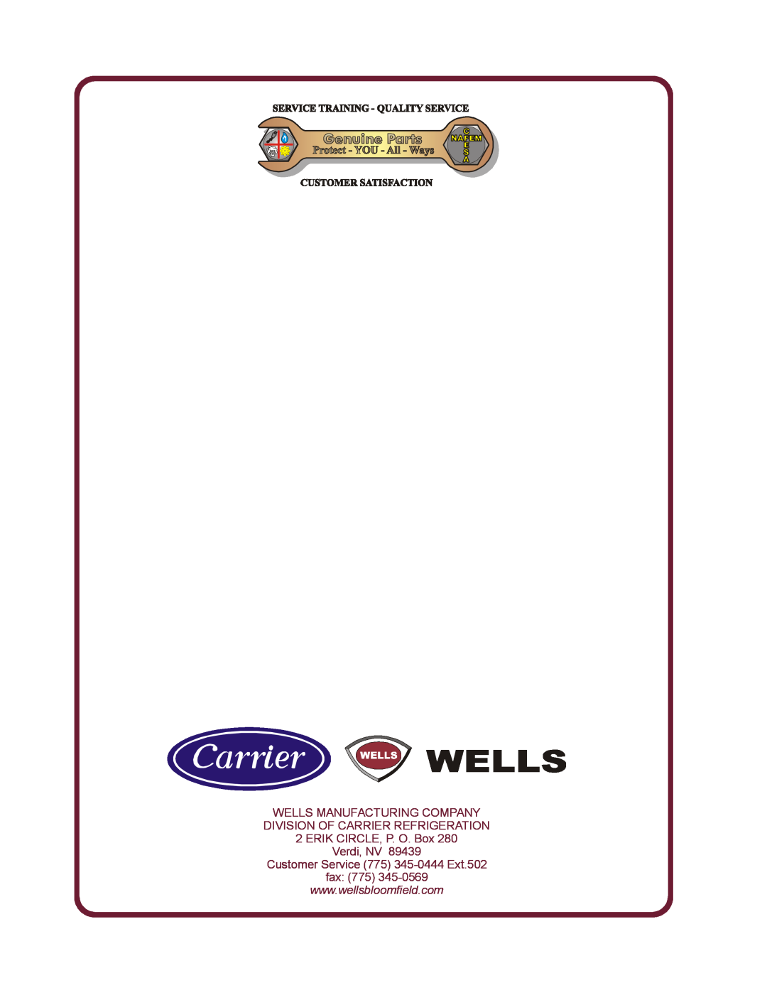 Wells WM-TR Wells Manufacturing Company Division Of Carrier Refrigeration, ERIK CIRCLE, P. O. Box Verdi, NV 