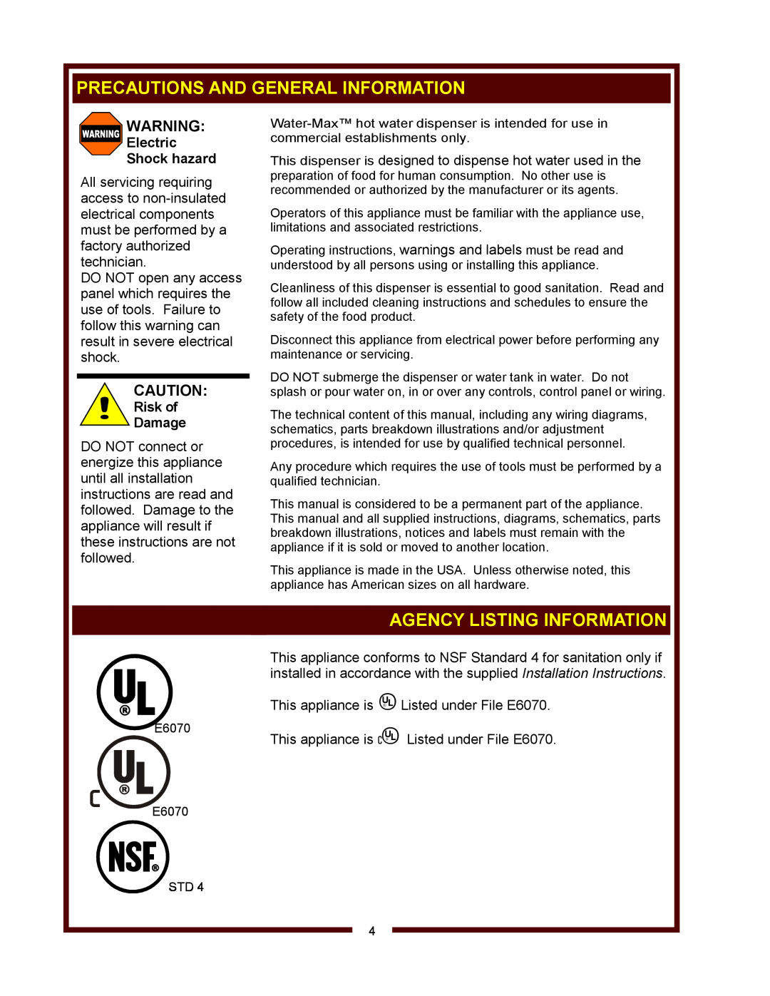 Wells WM-TR Precautions And General Information, Agency Listing Information, Electric Shock hazard, Risk of Damage 