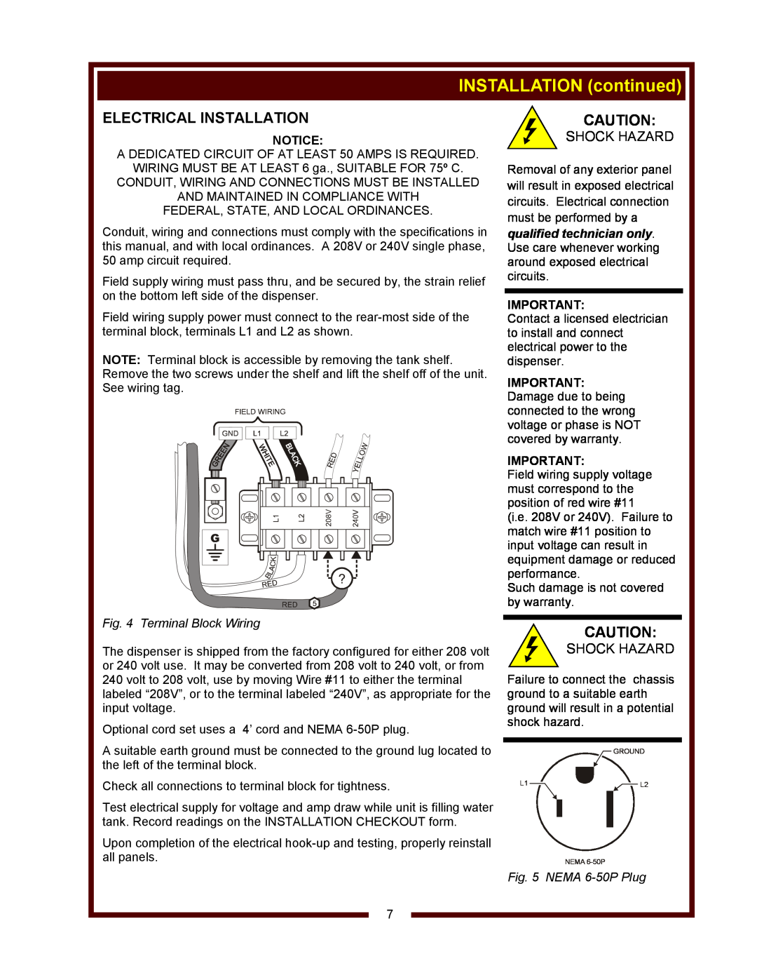 Wells WM-TR operation manual Electrical Installation, INSTALLATION continued, Terminal Block Wiring, NEMA 6-50P Plug 