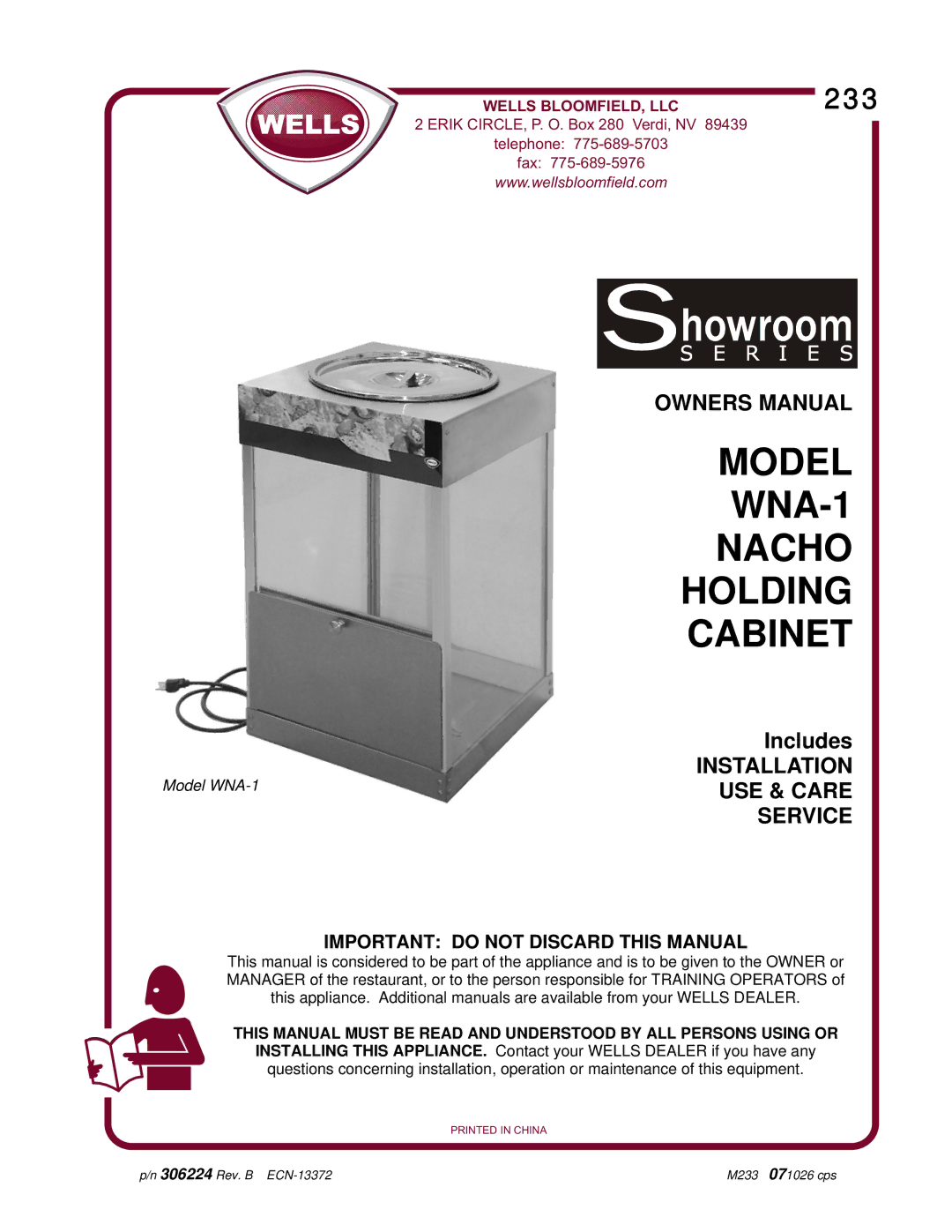 Wells owner manual Model WNA-1 Nacho Holding Cabinet 