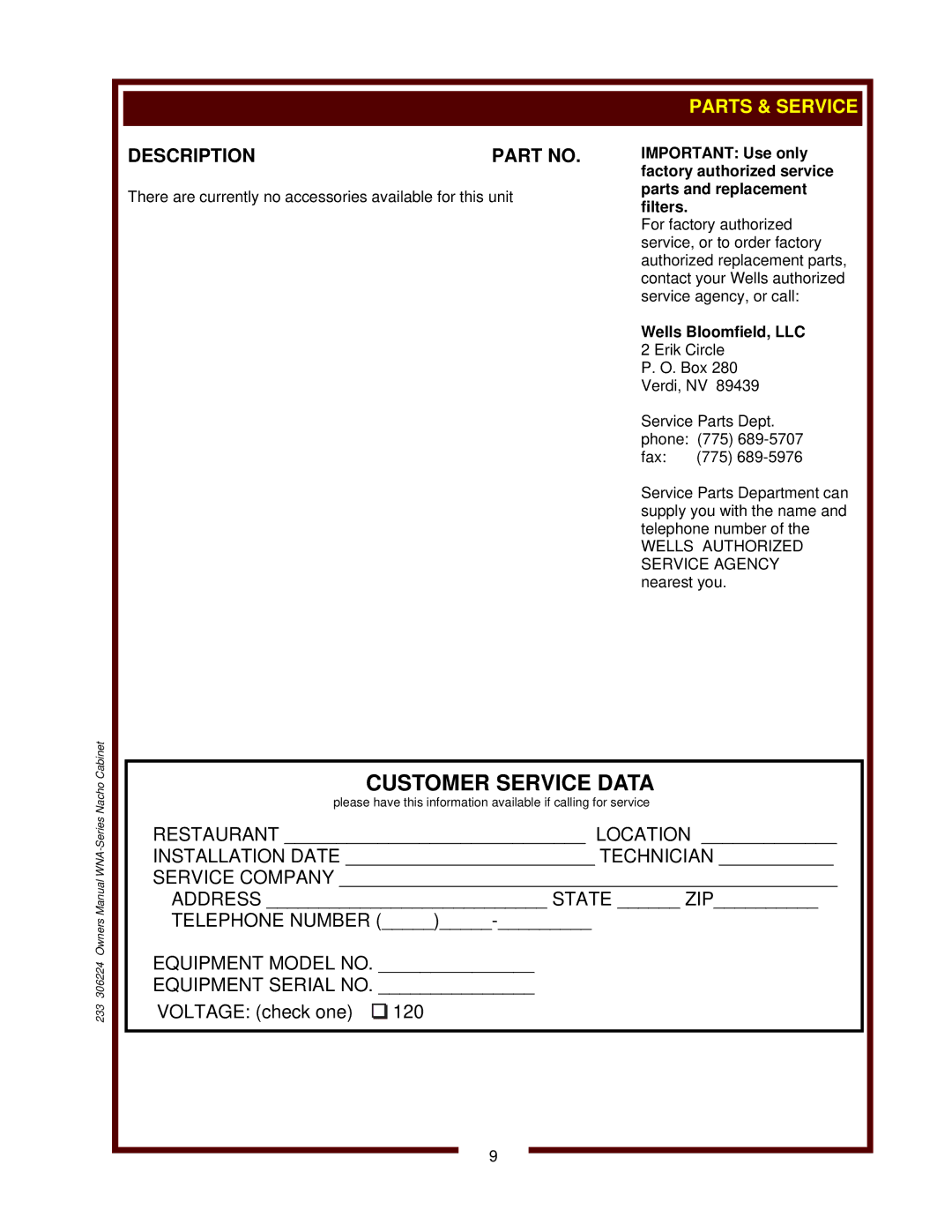 Wells WNA-1 owner manual Wells Bloomfield, LLC 