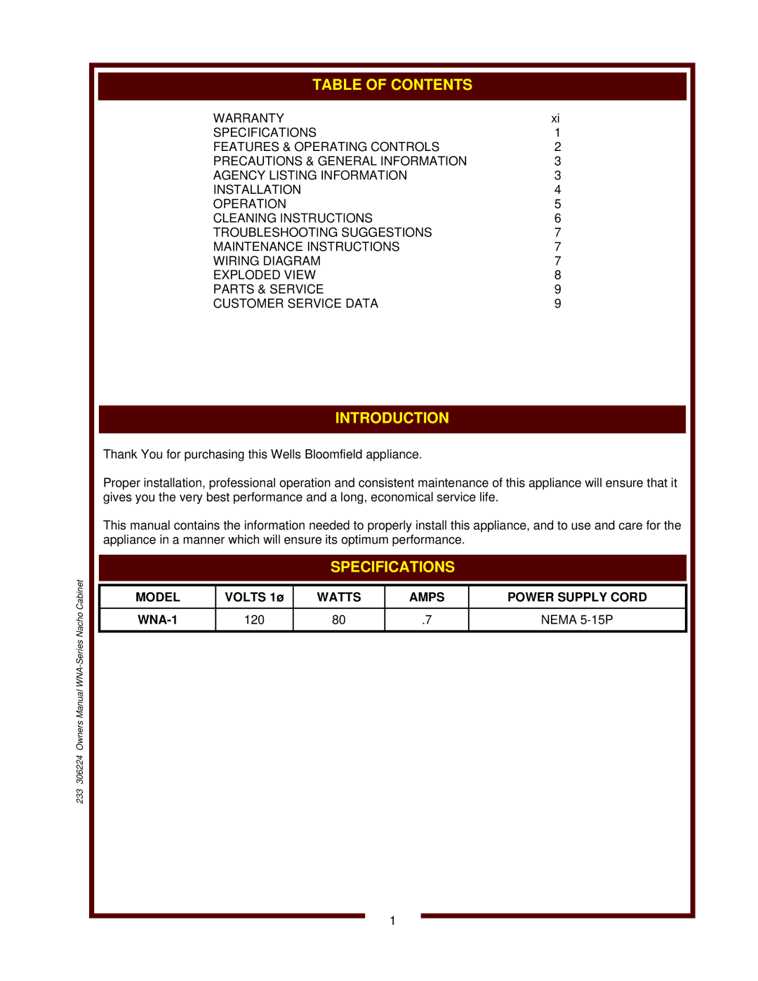 Wells owner manual Introduction, Model, Watts Amps Power Supply Cord WNA-1 