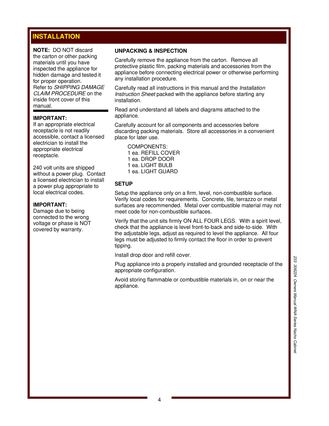 Wells WNA-1 owner manual Installation, Unpacking & Inspection, Setup 