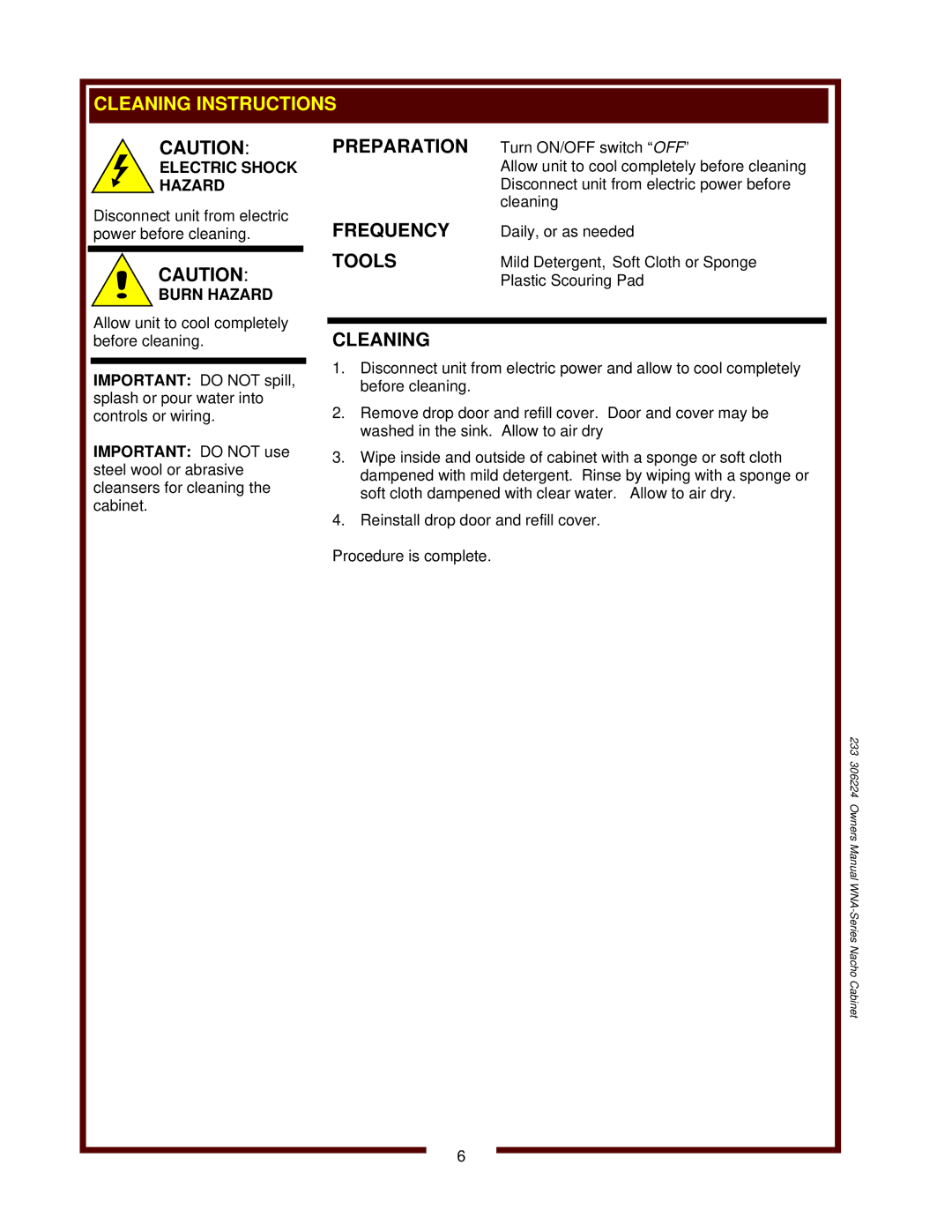 Wells WNA-1 owner manual Cleaning Instructions, Electric Shock Hazard, Burn Hazard 