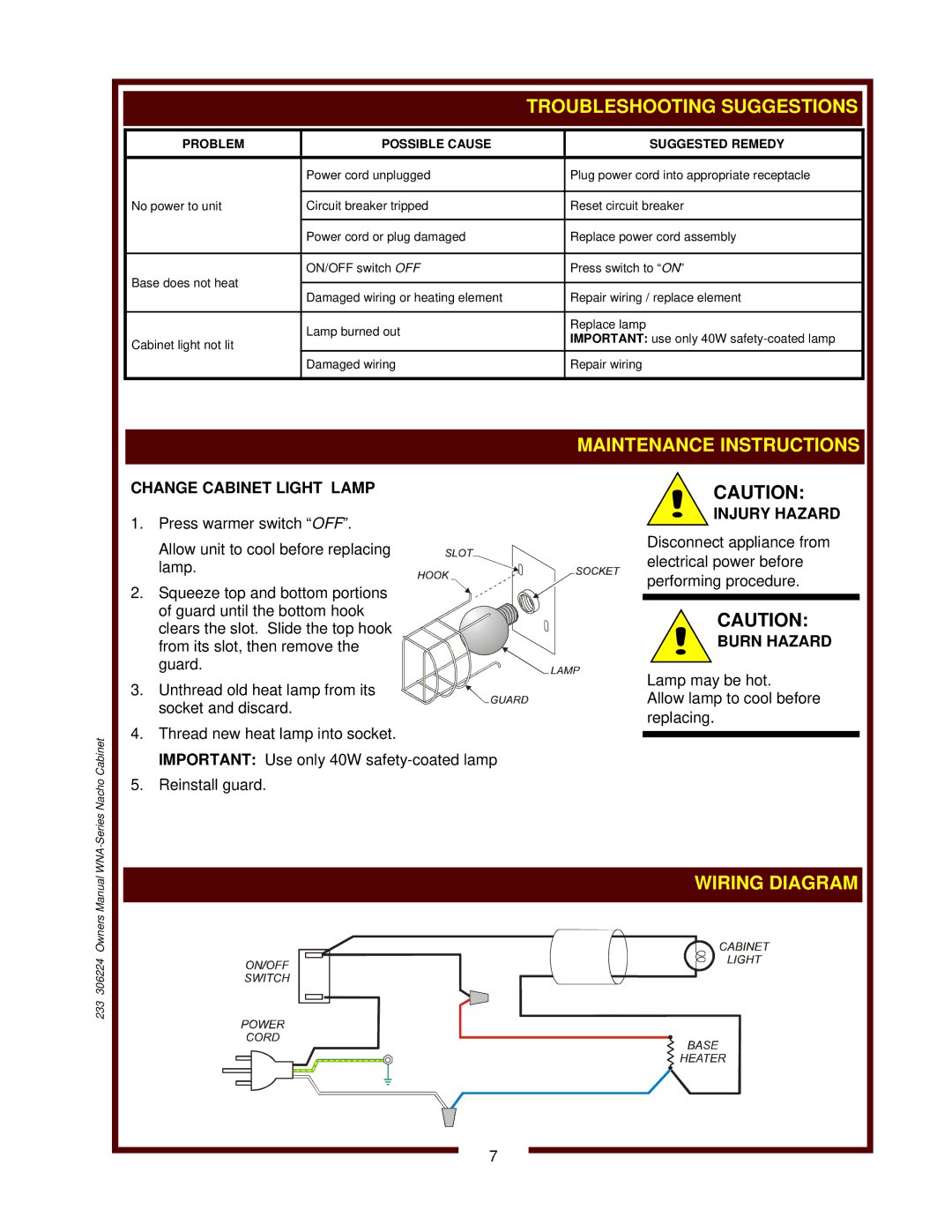 Wells WNA-1 owner manual Troubleshooting Suggestions, Wiring Diagram, Change Cabinet Light Lamp, Injury Hazard 