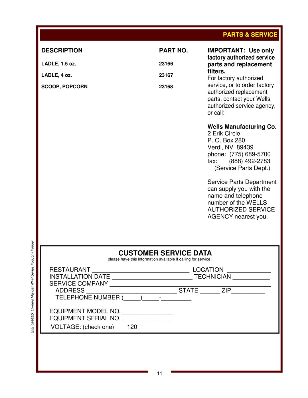 Wells WPP-6, WPP-10 owner manual Parts & Service, SCOOP, Popcorn 