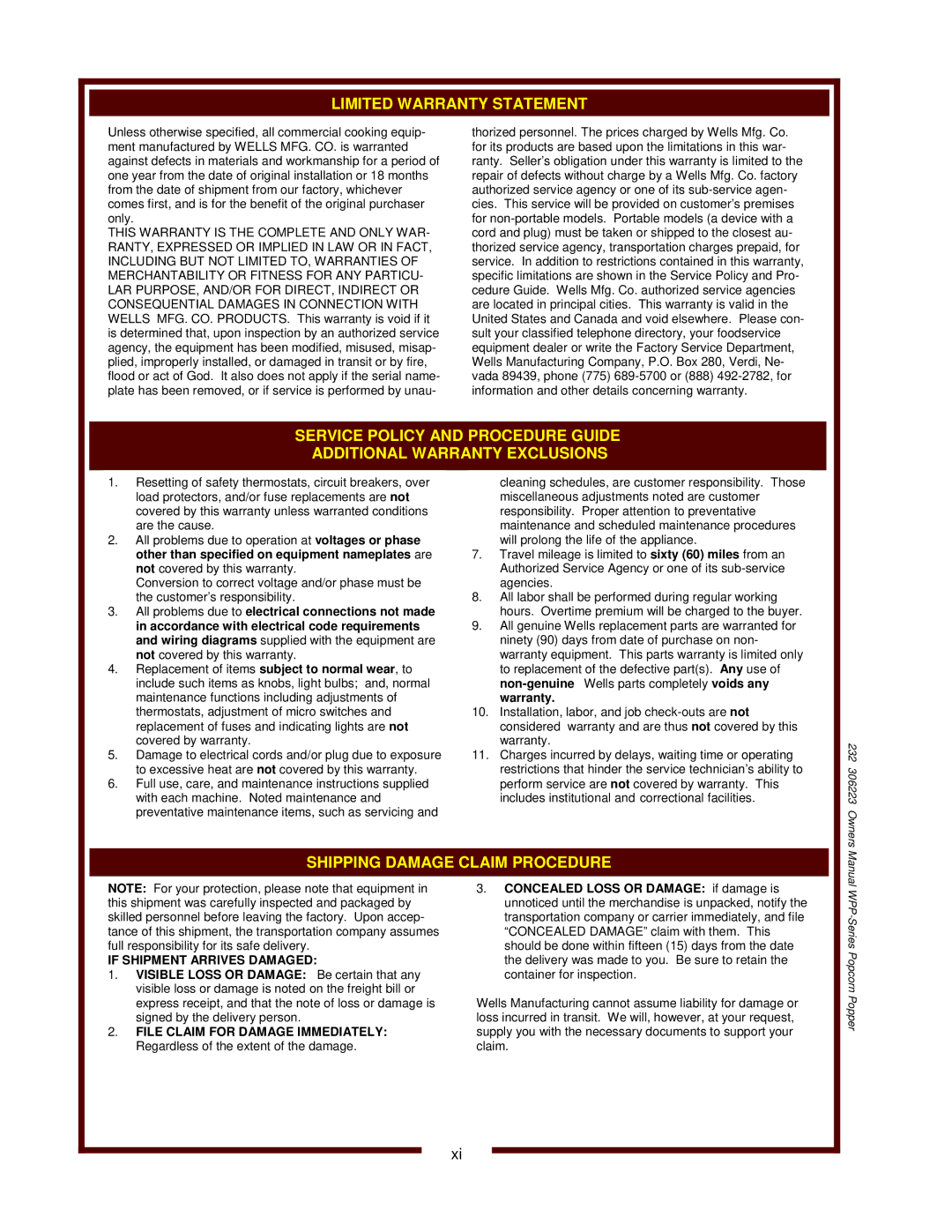 Wells WPP-6, WPP-10 owner manual Limited Warranty Statement 