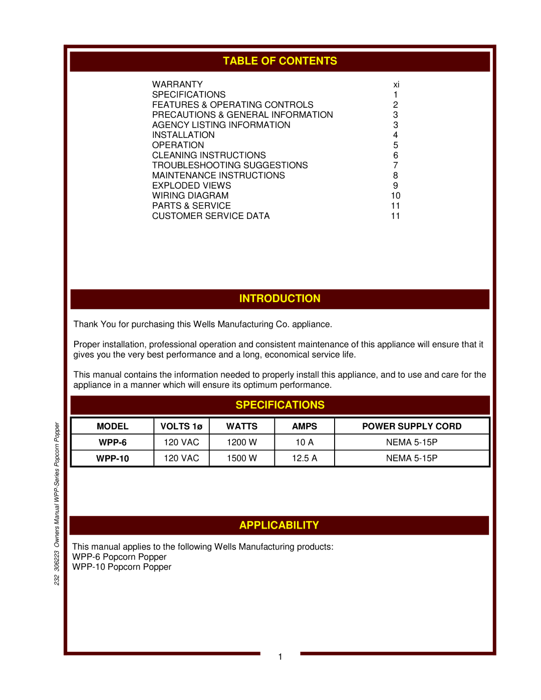 Wells WPP-6, WPP-10 owner manual Table of Contents, Introduction, Specifications, Applicability 