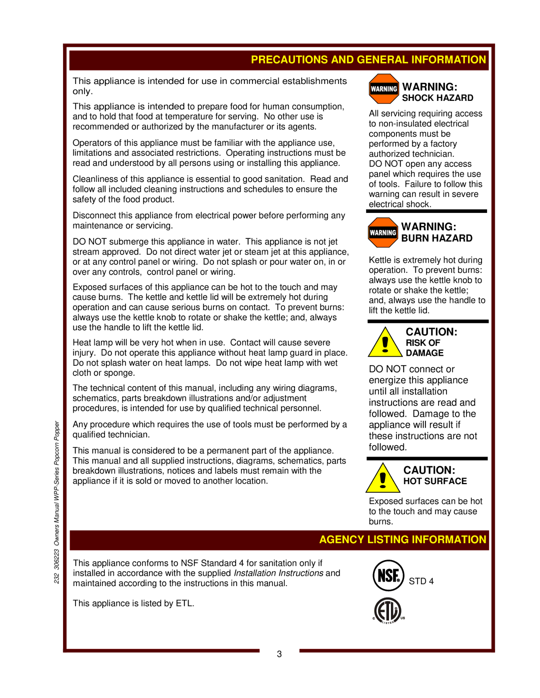 Wells WPP-10 Precautions and General Information, Agency Listing Information, Shock Hazard, Risk Damage, HOT Surface 