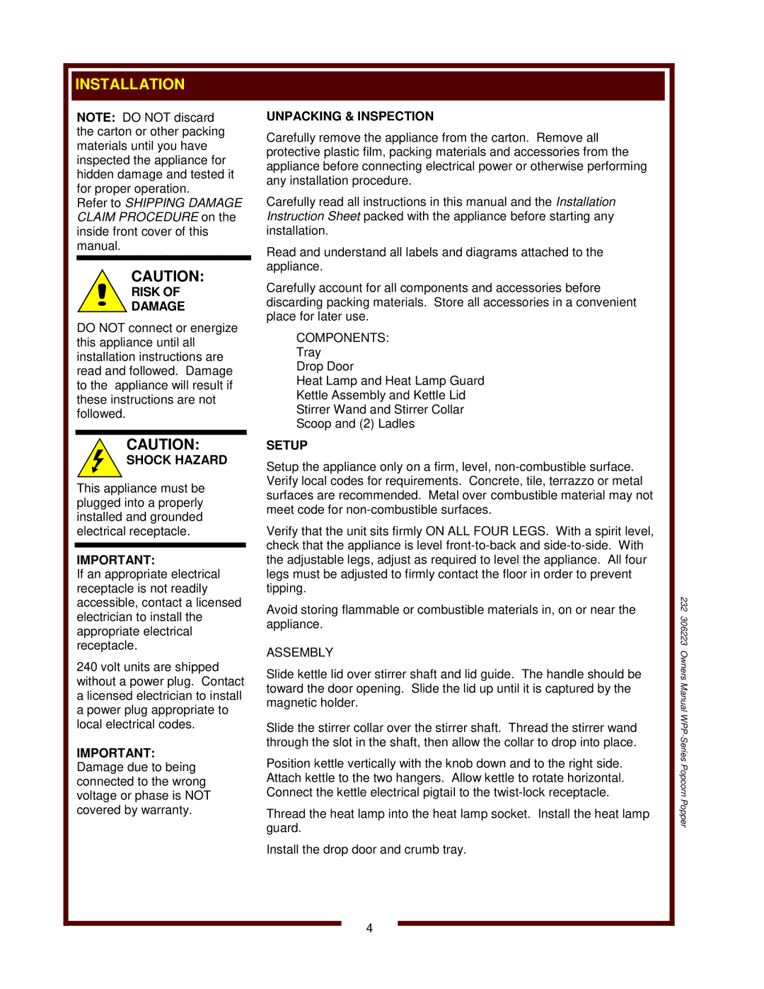 Wells WPP-6, WPP-10 owner manual Installation, Unpacking & Inspection, Setup 