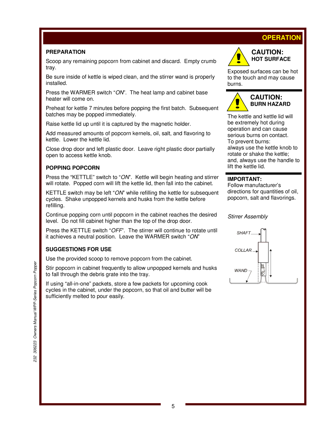 Wells WPP-6, WPP-10 owner manual Operation, Preparation, Popping Popcorn, Suggestions for USE, Burn Hazard 