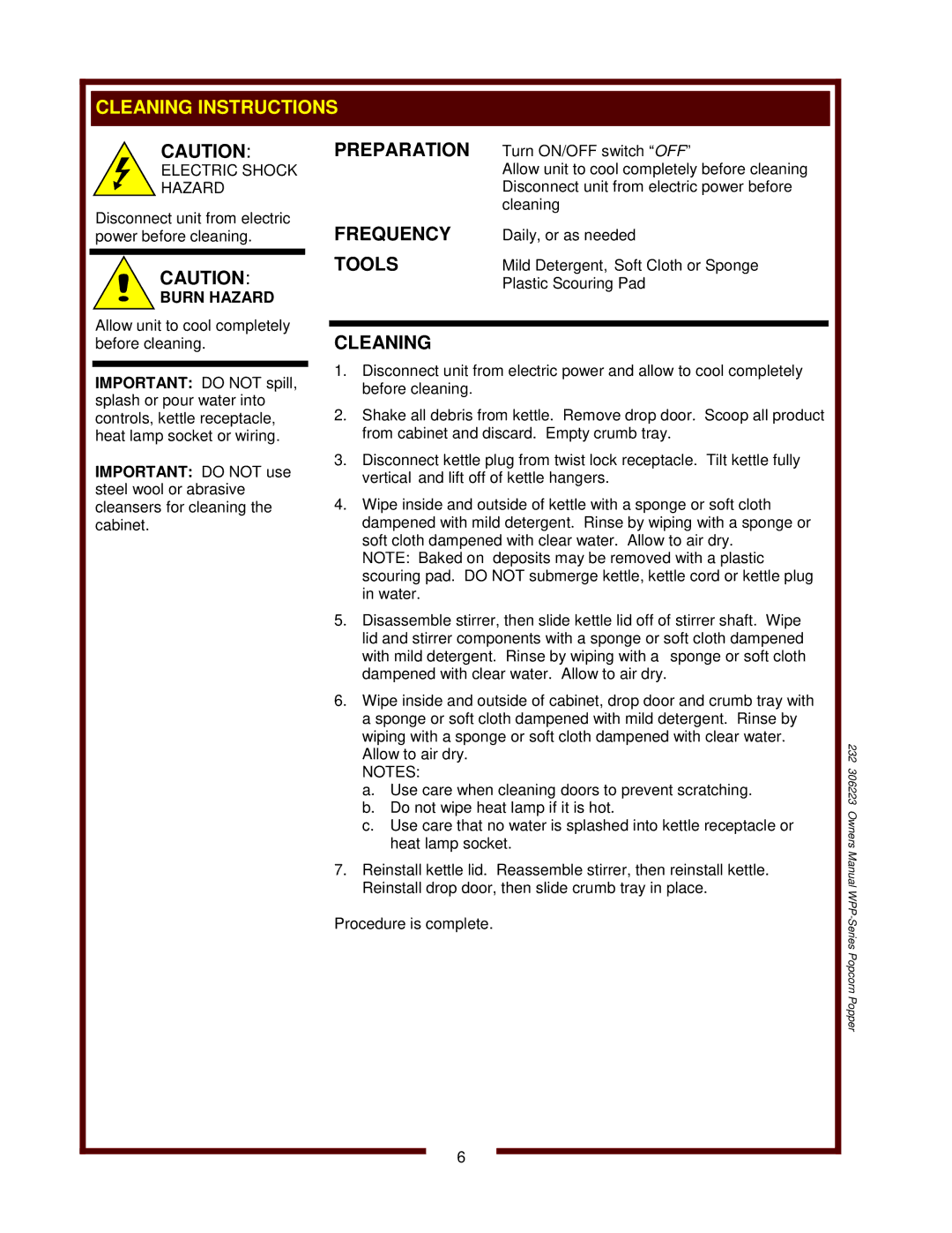 Wells WPP-6, WPP-10 owner manual Cleaning Instructions, Preparation 