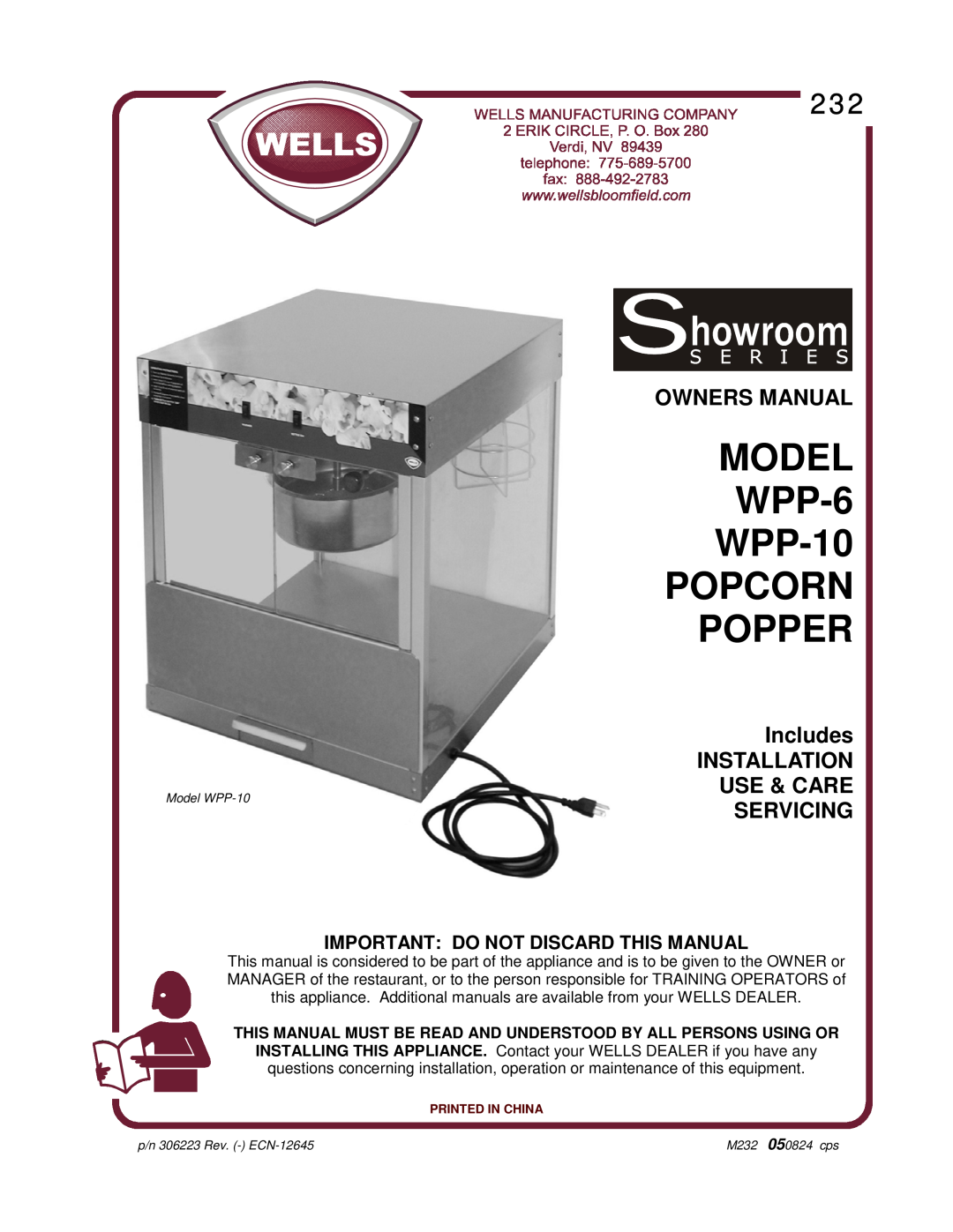 Wells WPP-6, WPP-10 owner manual Includes, Important Do Not Discard This Manual, MODEL WPP-6 WPP-10 POPCORN POPPER 