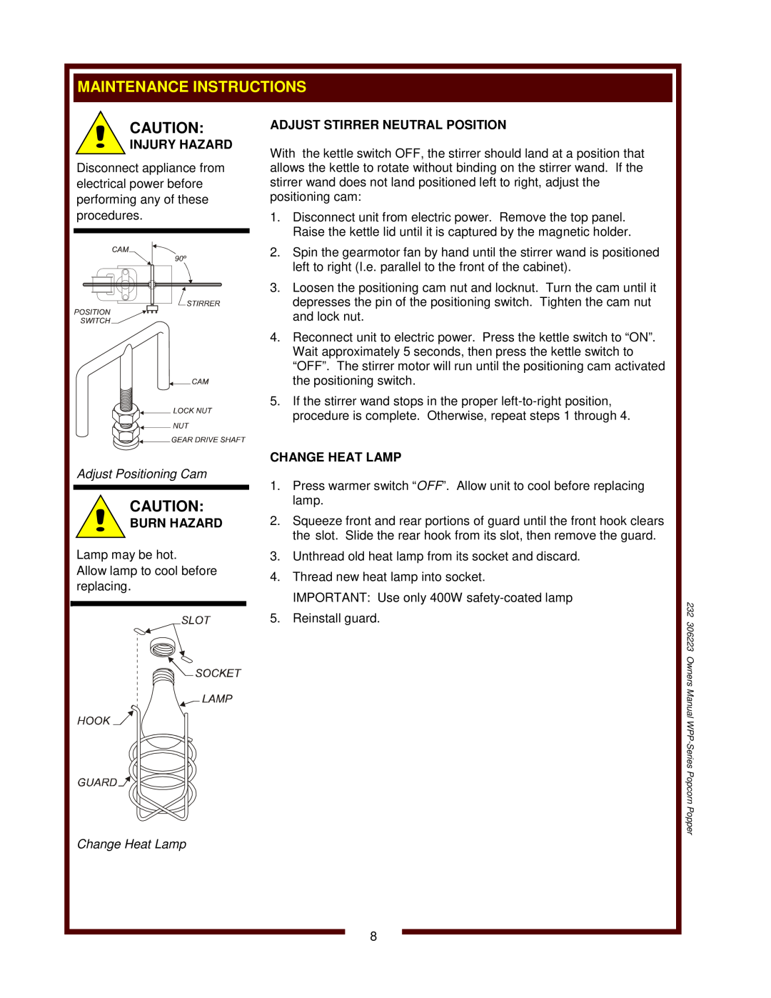 Wells WPP-6, WPP-10 Maintenance Instructions, Injury Hazard, Adjust Positioning Cam, Burn Hazard, Change Heat Lamp 