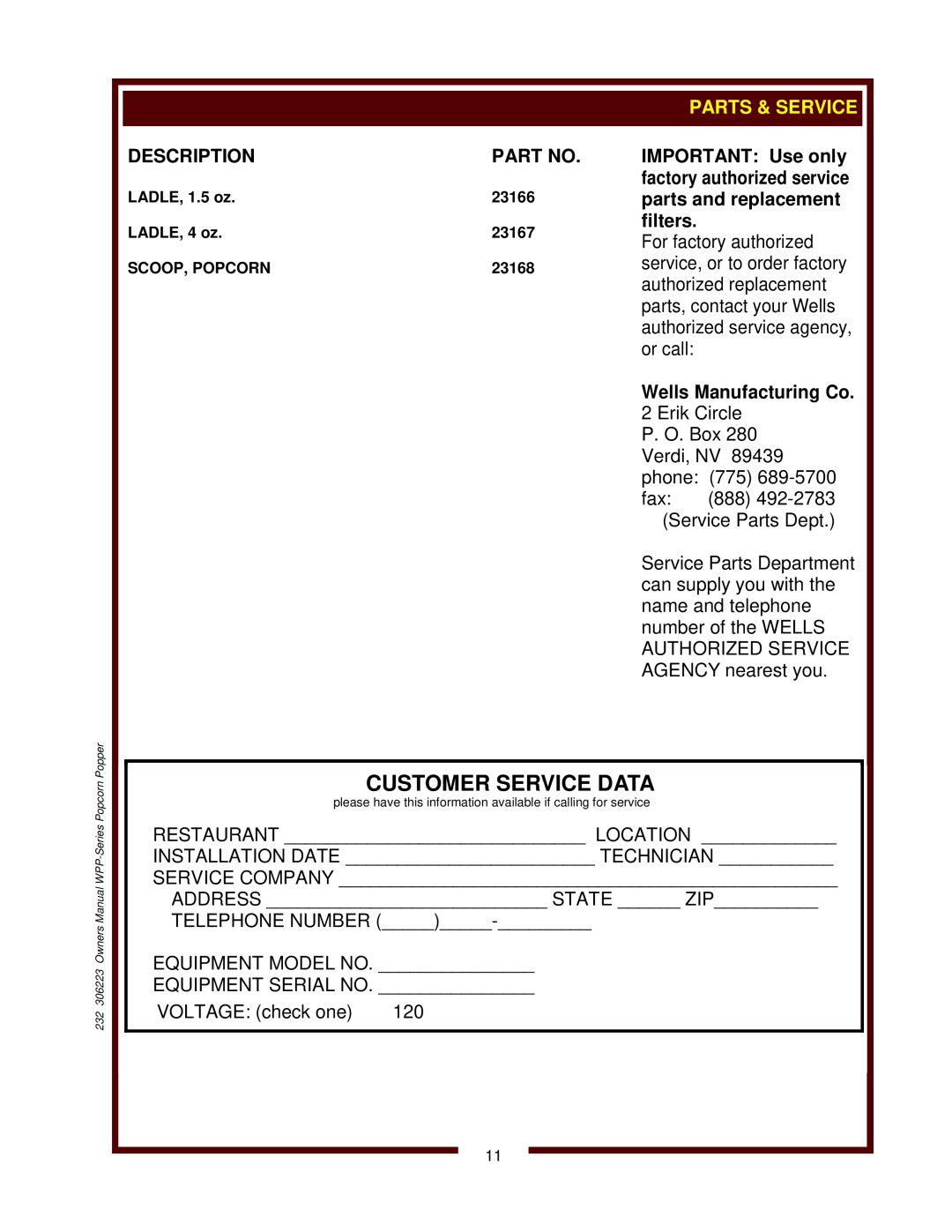 Wells WPP-6, WPP-10 owner manual Customer Service Data, Description, Parts & Service, Wells Manufacturing Co 