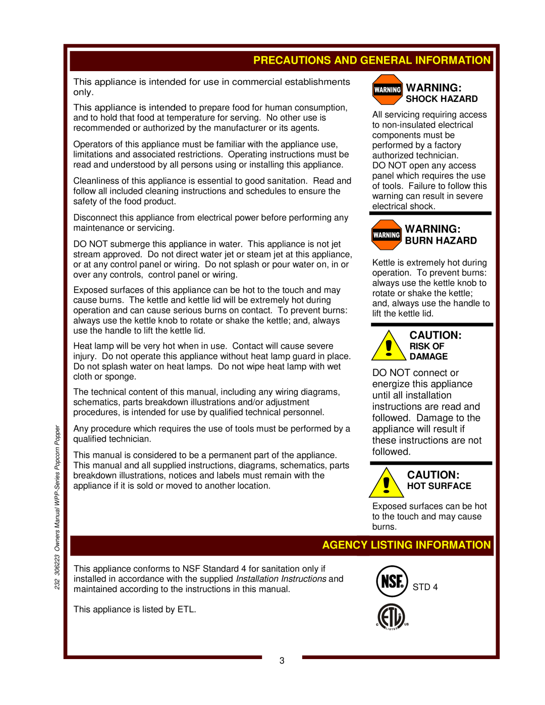 Wells WPP-10 Precautions And General Information, Agency Listing Information, Burn Hazard, Shock Hazard, Risk Of Damage 