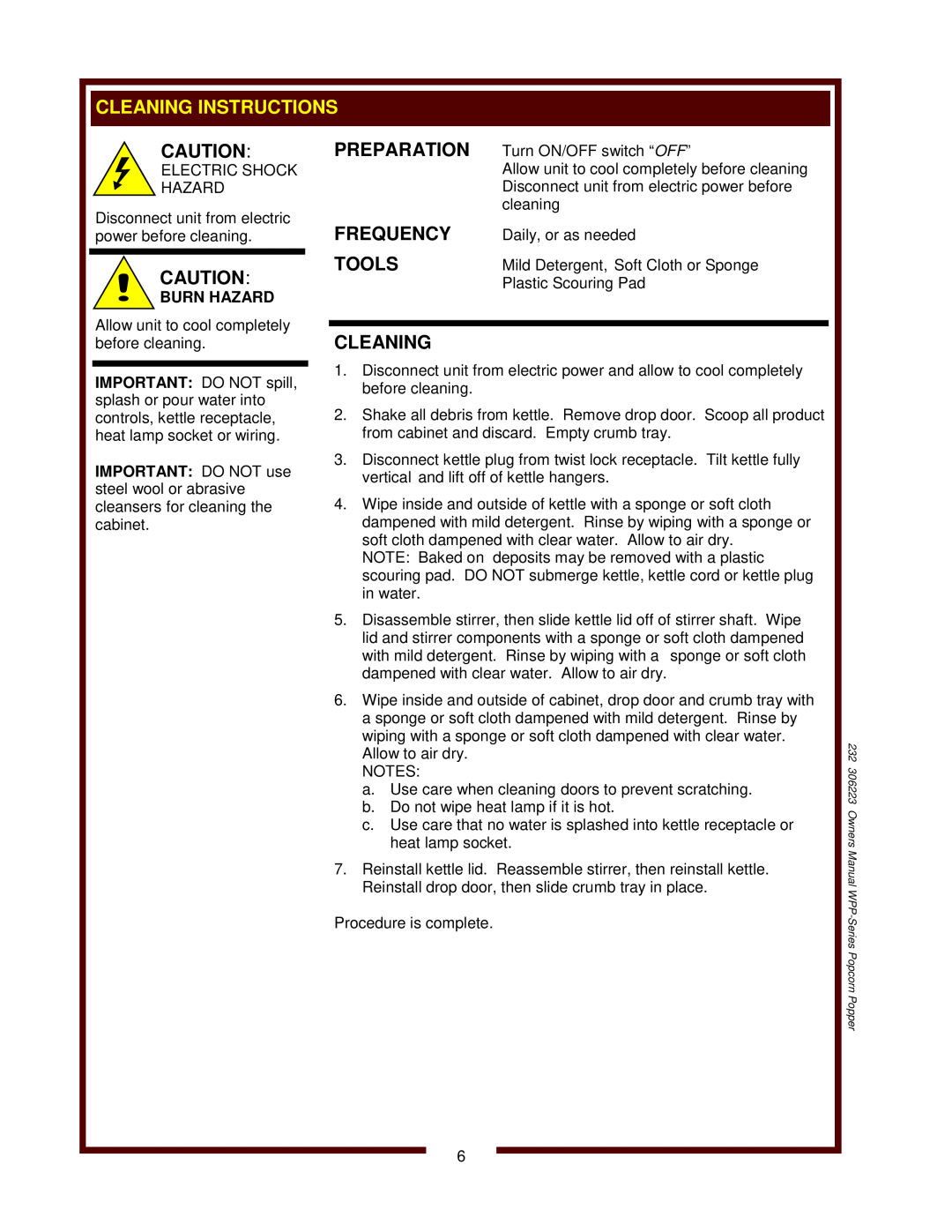 Wells WPP-6, WPP-10 owner manual Cleaning Instructions, Preparation, Frequency, Tools, Burn Hazard 