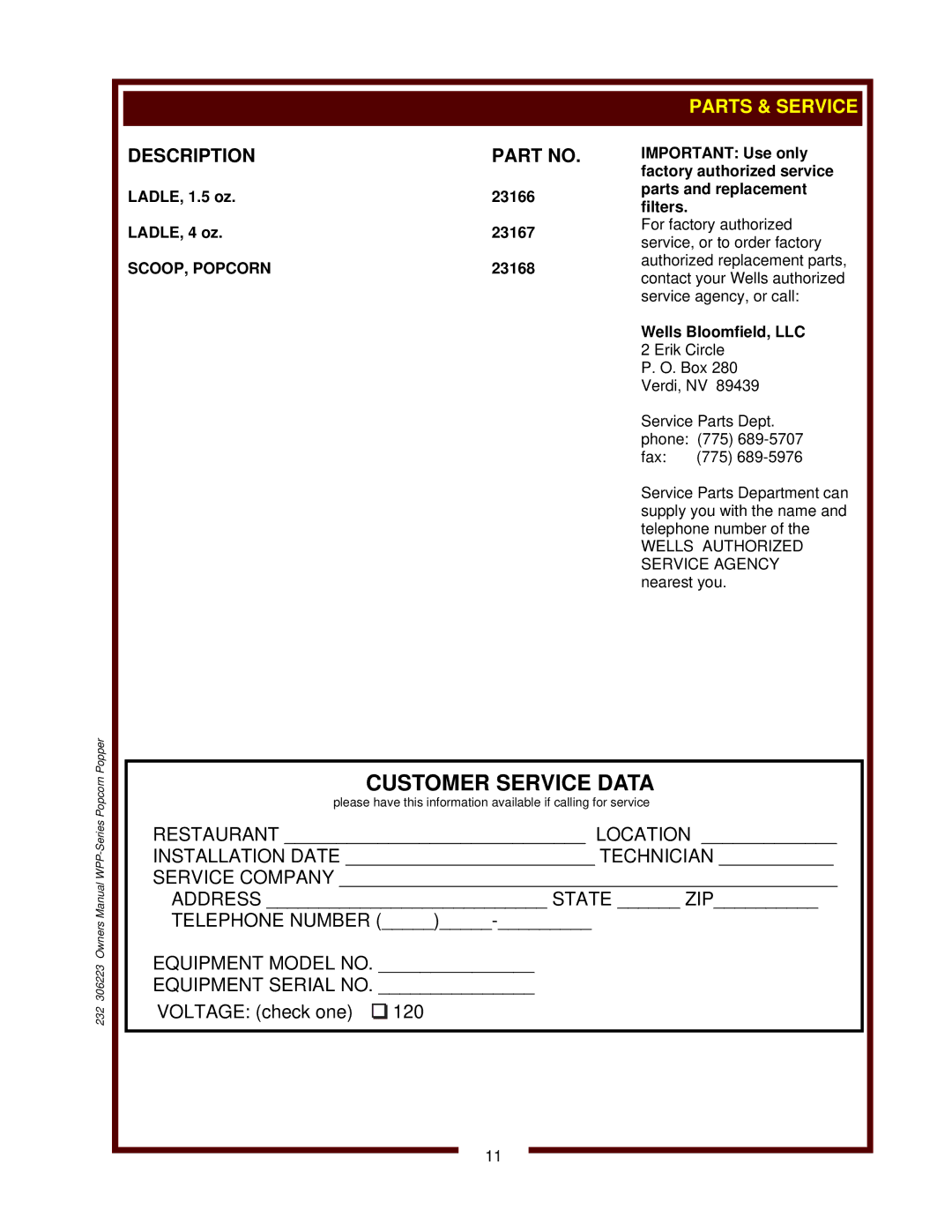 Wells WPP-6 owner manual Wells Bloomfield, LLC 