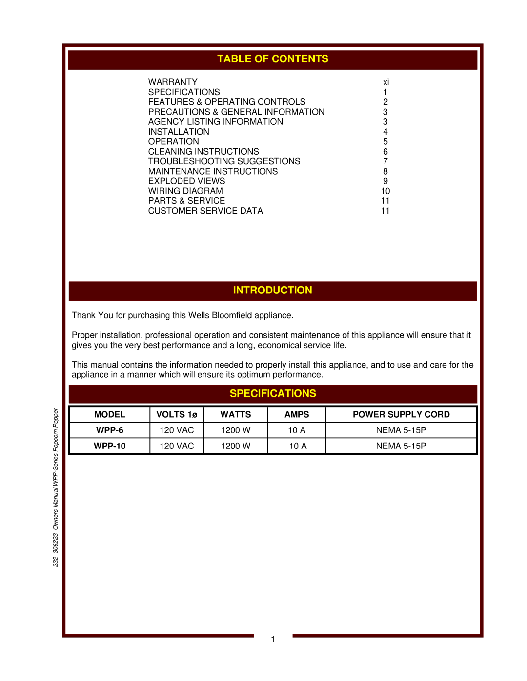 Wells WPP-6 owner manual Introduction 