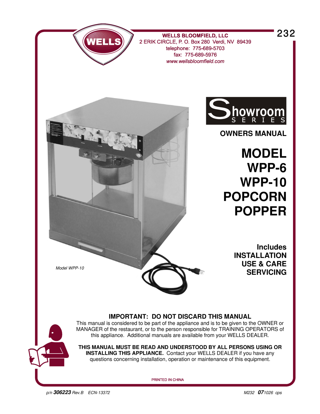 Wells owner manual Important Do Not Discard This Manual, Wells Bloomfield, Llc, MODEL WPP-6 WPP-10 POPCORN POPPER 