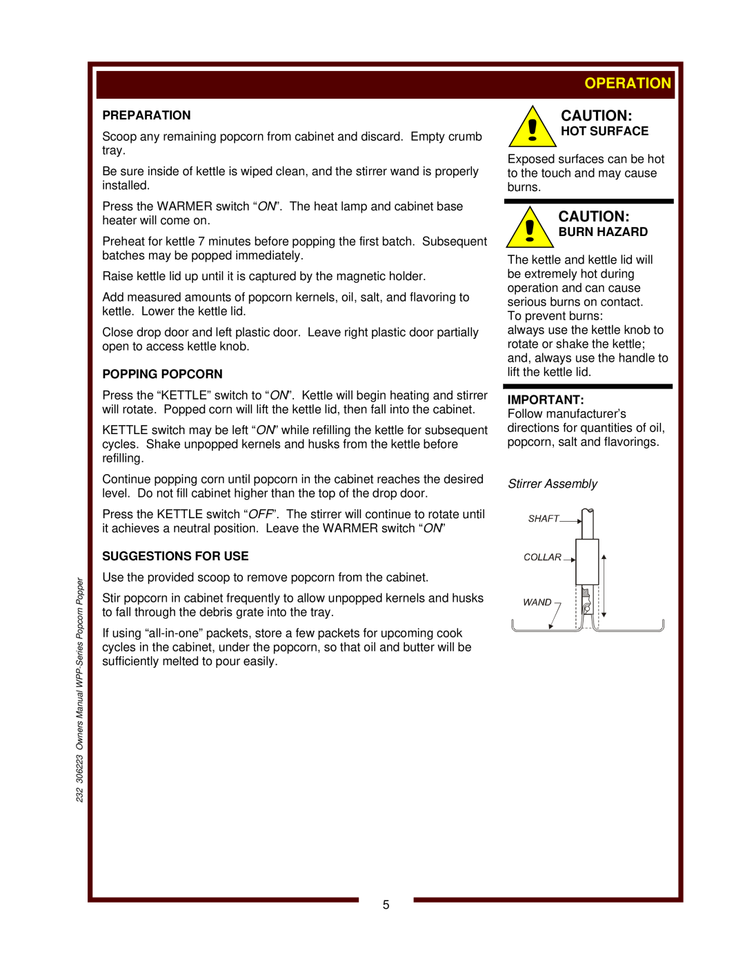 Wells WPP-6 owner manual Hot Surface, Burn Hazard, Stirrer Assembly 