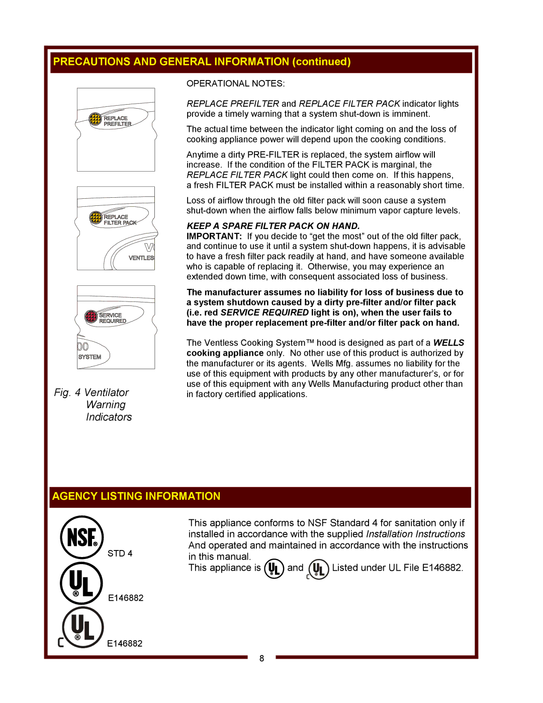 Wells WV-2HGRW, WV-2SHGRW operation manual Agency Listing Information, Operational Notes, Std 