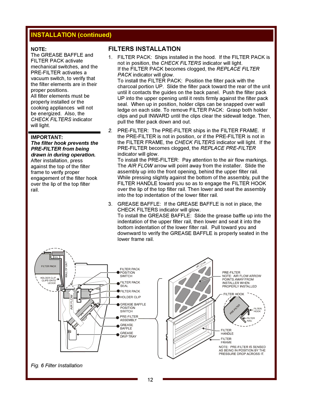 Wells WV-2HGRW, WV-2SHGRW operation manual Filters Installation, Filter Installation 