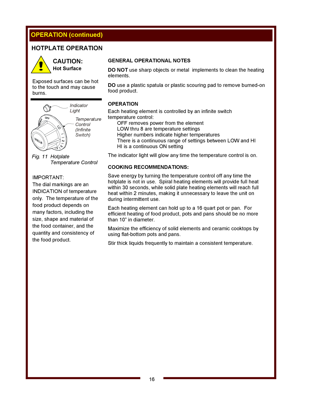 Wells WV-2HGRW, WV-2SHGRW operation manual Hotplate Operation, General Operational Notes, Cooking Recommendations 