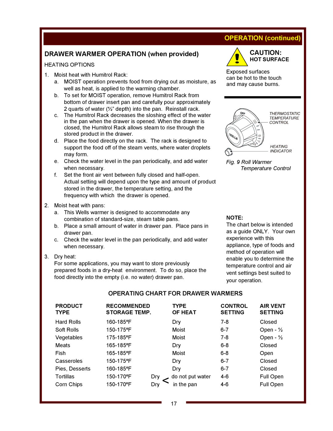 Wells WV-2SHGRW, WV-2HGRW operation manual Drawer Warmer Operation when provided, Heating Options 