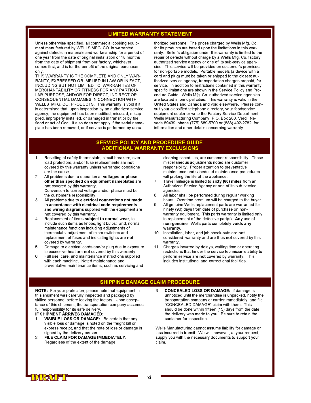 Wells WV-2HGRW, WV-2SHGRW operation manual Limited Warranty Statement 