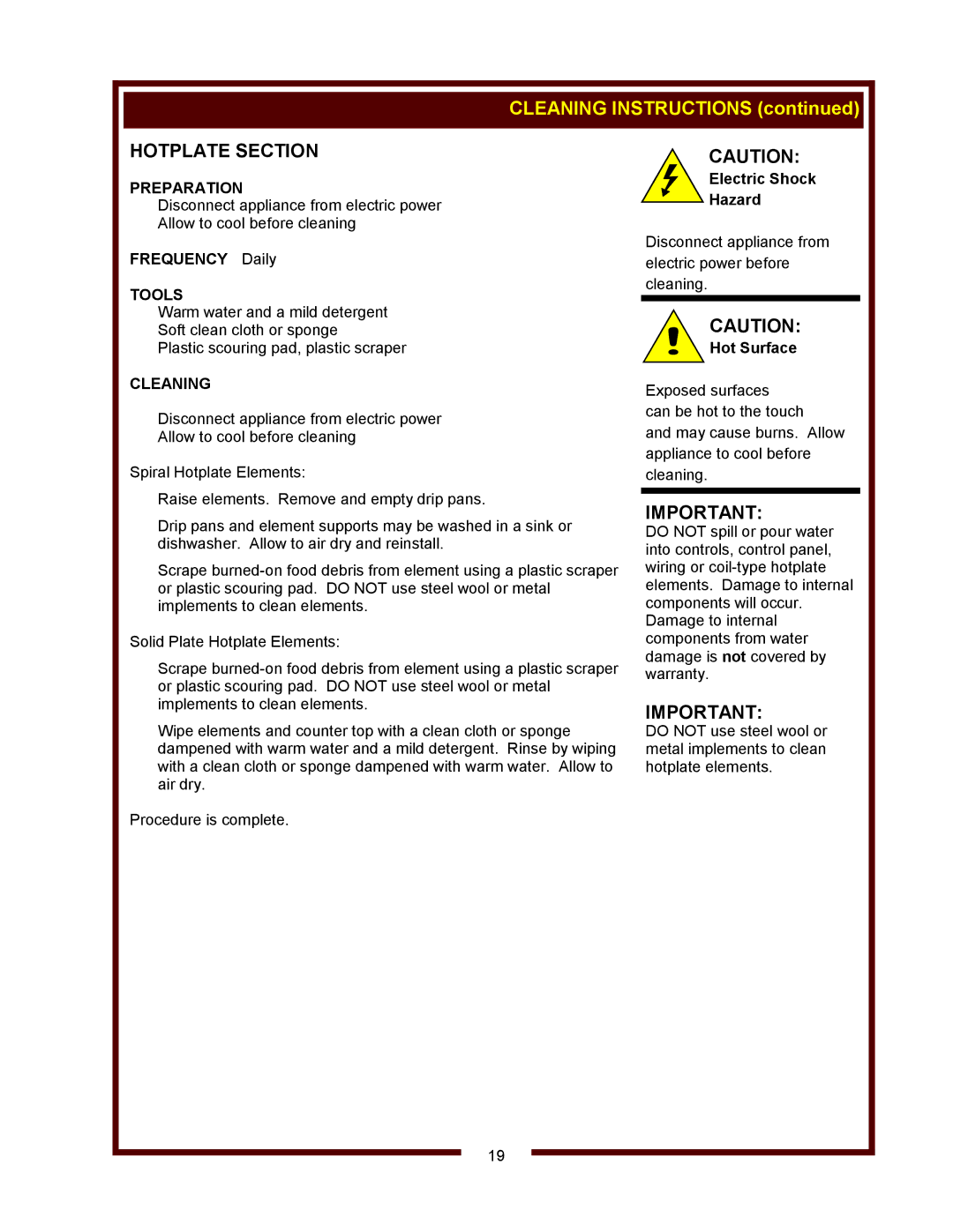 Wells WV-2HGRW, WV-2SHGRW operation manual Hotplate Section, Cleaning Instructions 