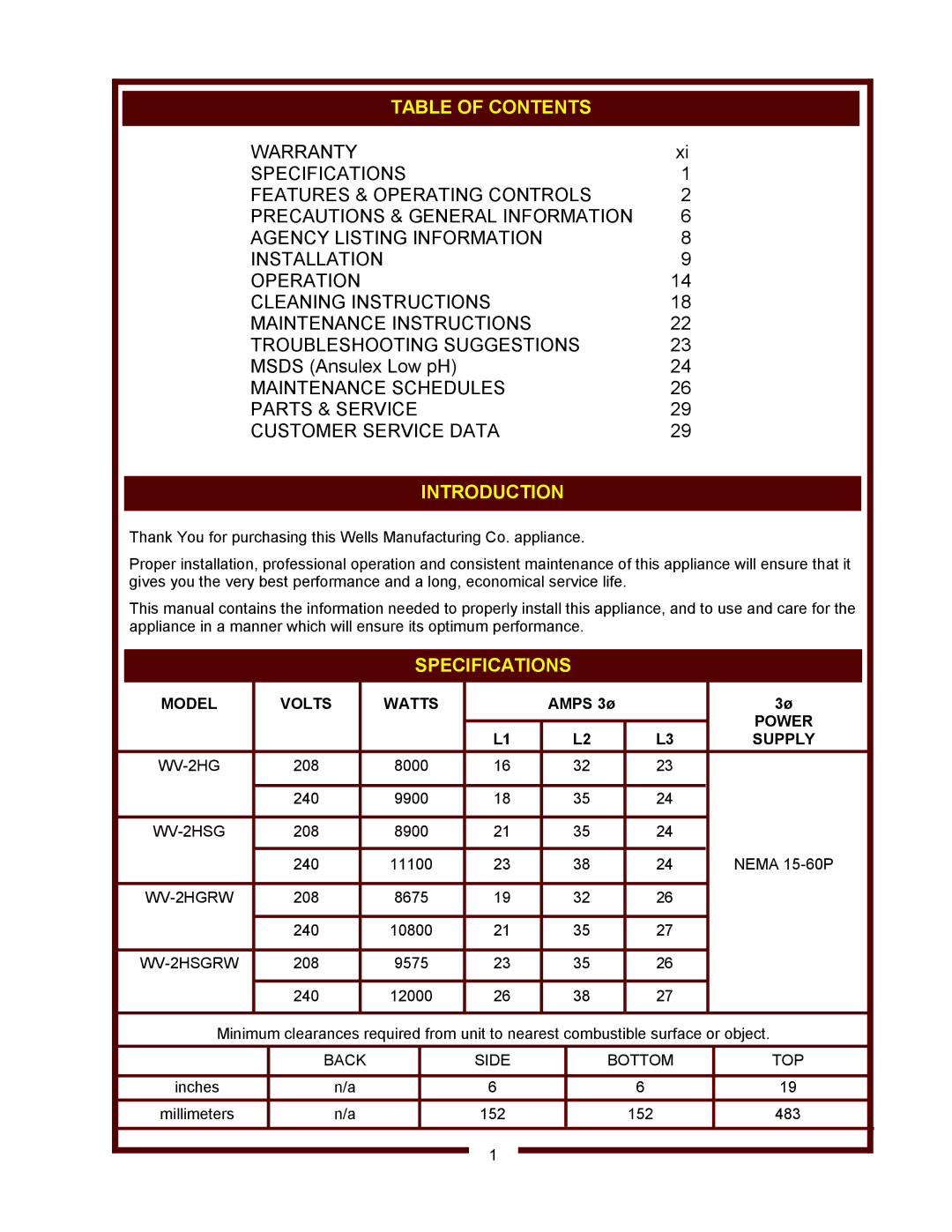 Wells WV-2SHGRW, WV-2HGRW operation manual Table of Contents, Introduction, Specifications 