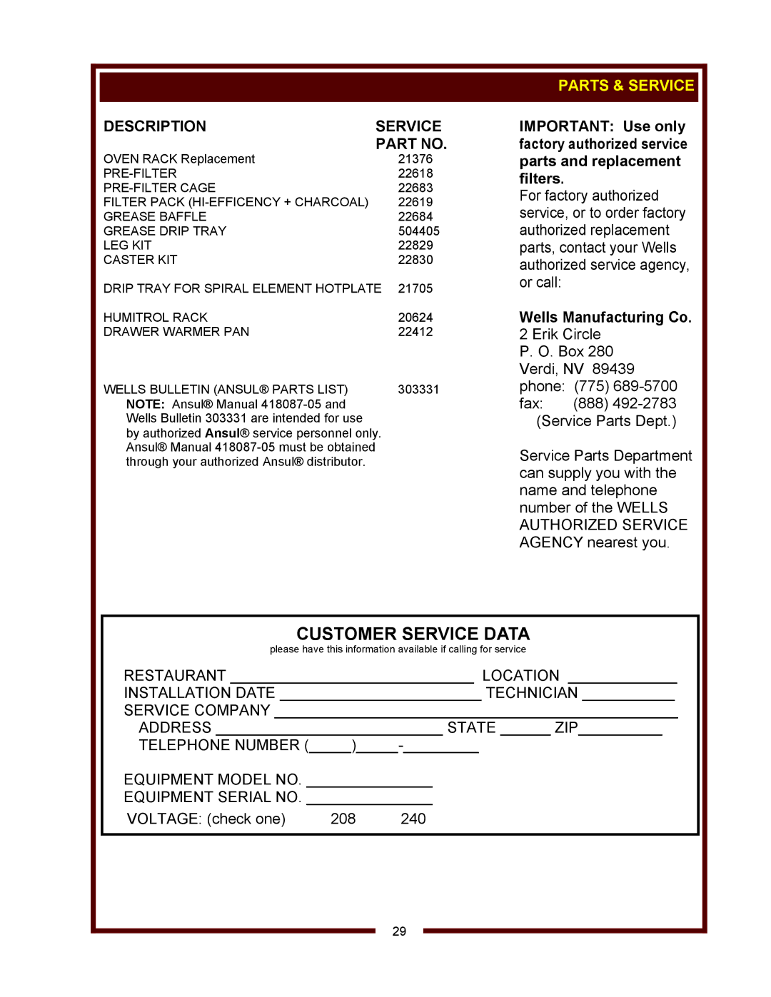 Wells WV-2SHGRW, WV-2HGRW operation manual Description Service, Parts & Service 