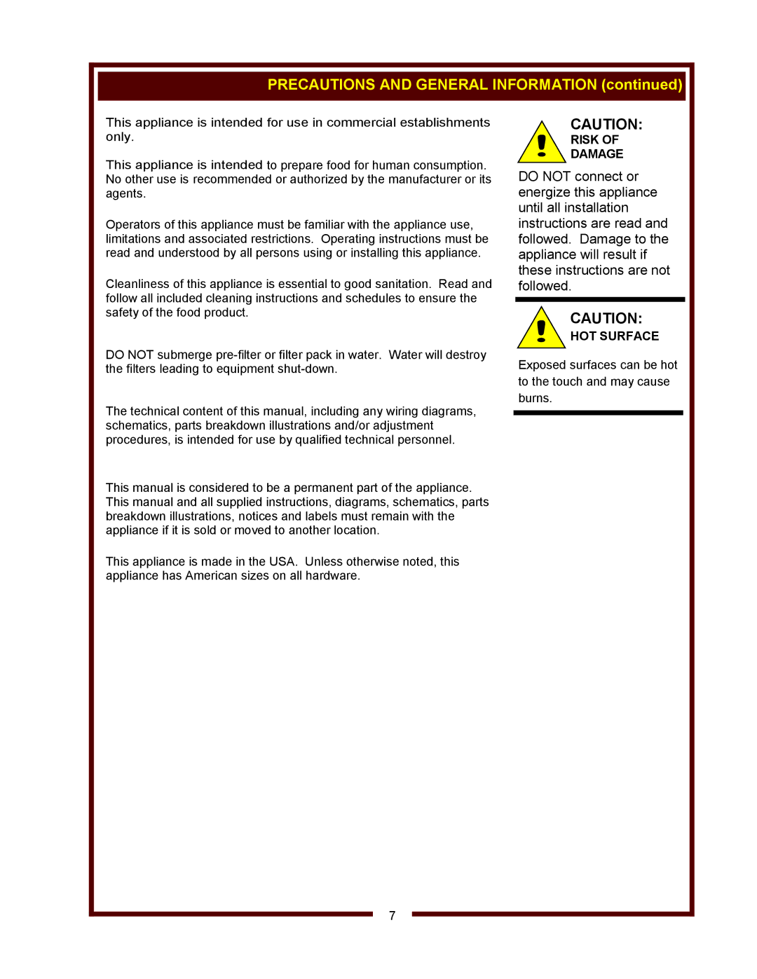 Wells WV-2HGRW, WV-2SHGRW operation manual Risk Damage, HOT Surface 