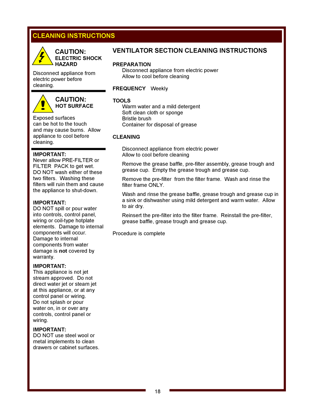 Wells WV-2SHG, WV-2HG Ventilator Section Cleaning Instructions, Electric Shock Hazard, Hot Surface, Preparation 