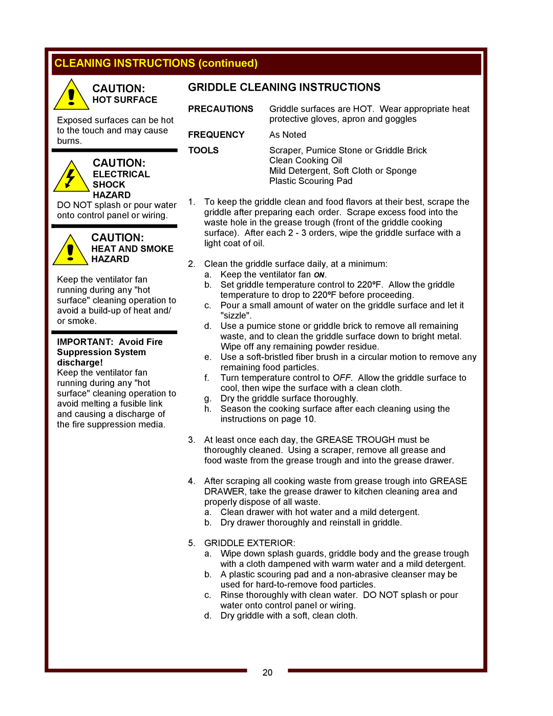 Wells WV-2HGRW Griddle Cleaning Instructions, CLEANING INSTRUCTIONS continued, Hot Surface, Electrical Shock Hazard, Tools 