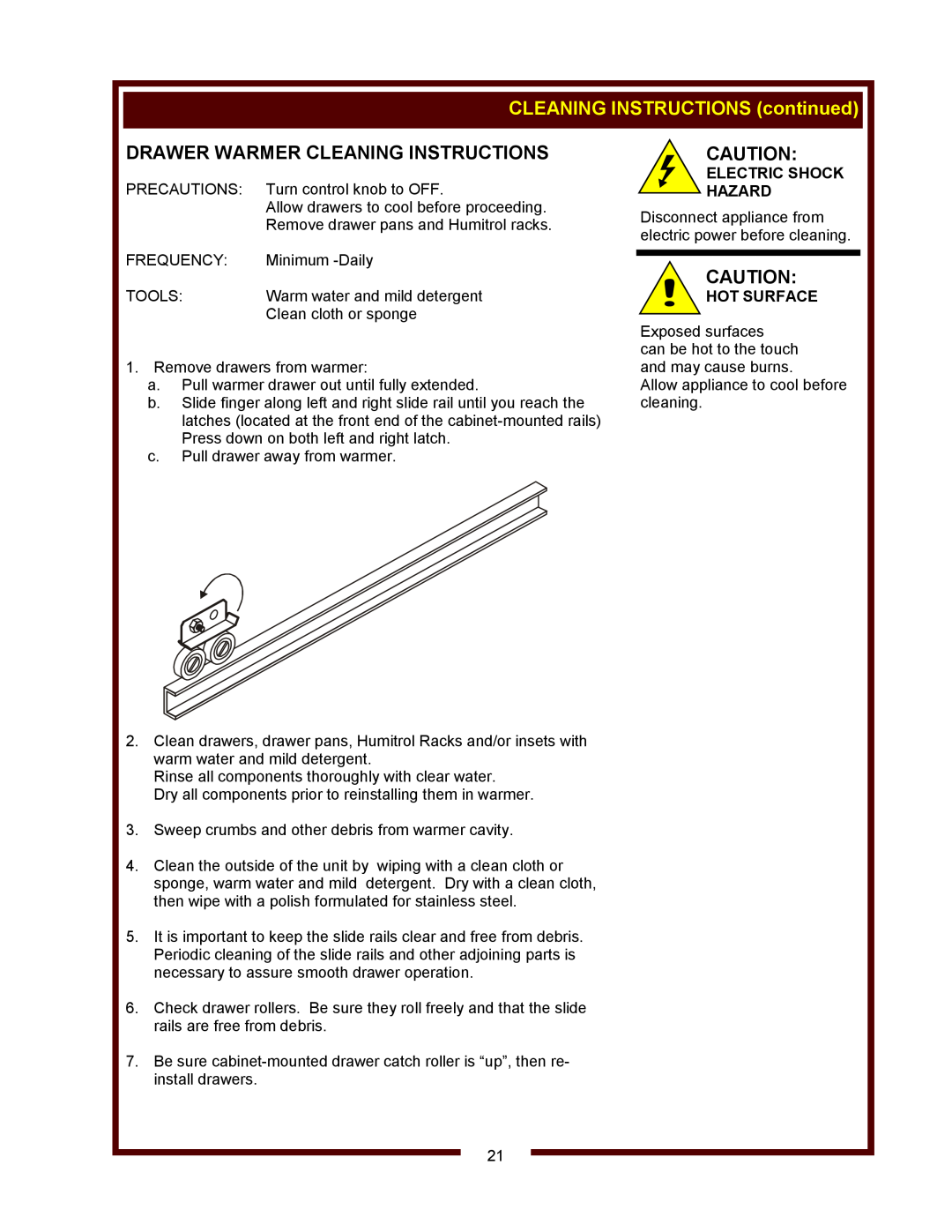 Wells WV-2SHGRW Drawer Warmer Cleaning Instructions, CLEANING INSTRUCTIONS continued, Electric Shock Hazard, Hot Surface 