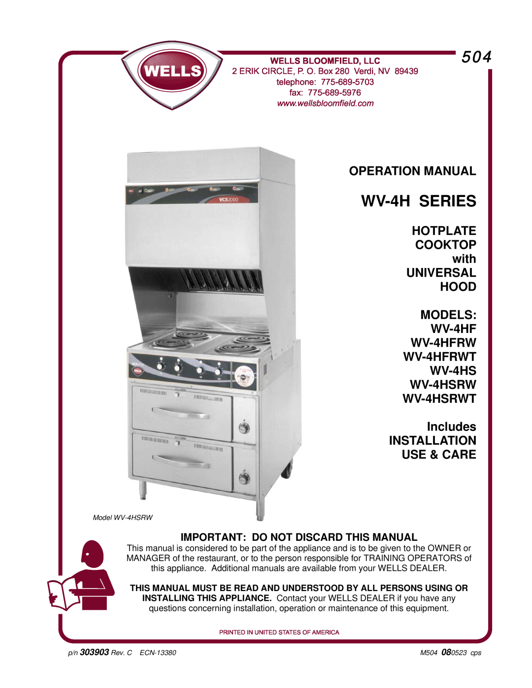 Wells WV-4HFRWT, WV-4HS operation manual Important Do Not Discard This Manual, WV-4H SERIES, HOTPLATE COOKTOP with 