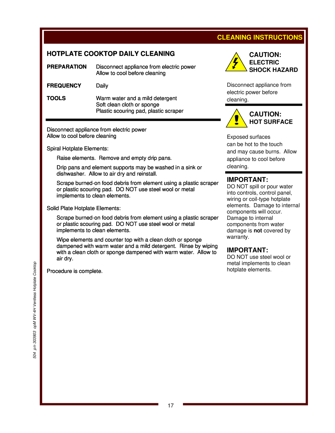 Wells WV-4HSRWT, WV-4HFRWT operation manual Cleaning Instructions, 504 p/n 303903 opM WV-4H Ventless Hotplate Cooktop 