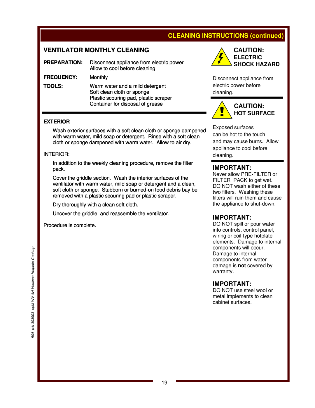 Wells WV-4HFRWT Ventilator Monthly Cleaning, CLEANING INSTRUCTIONS continued, Electric Shock Hazard, Hot Surface, Exterior 