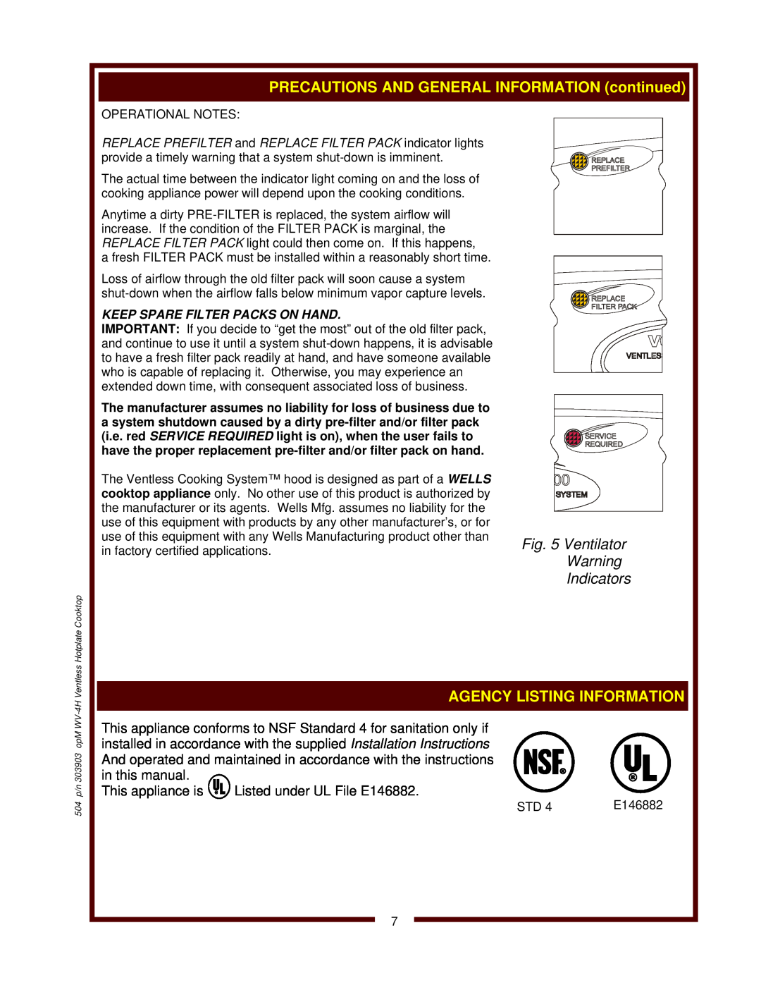 Wells WV-4HSRWT, WV-4HFRWT operation manual Ventilator, Indicators, 504 p/n 303903 opM WV-4H Ventless Hotplate Cooktop 