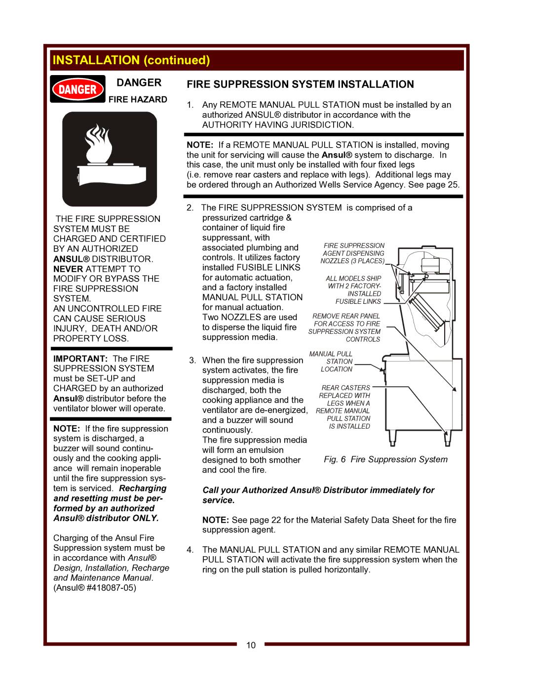 Wells WV-4HSRW operation manual Fire Suppression System Installation, Fire Hazard, Authority Having Jurisdiction 