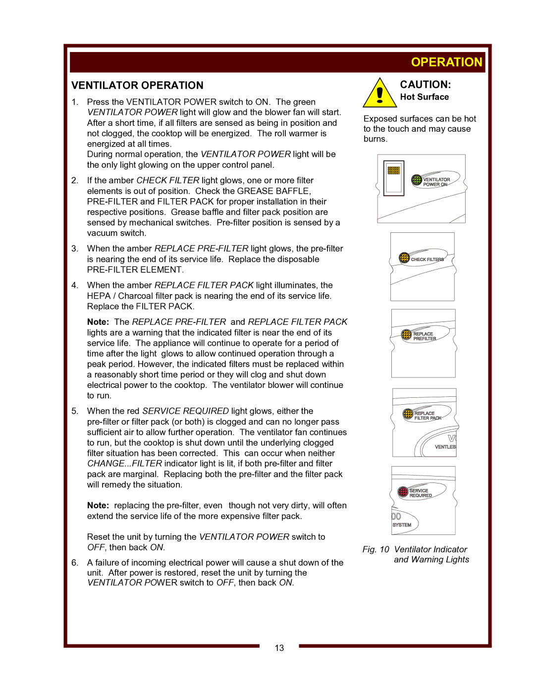 Wells WV-4HSRW operation manual Ventilator Operation, PRE-FILTER Element 