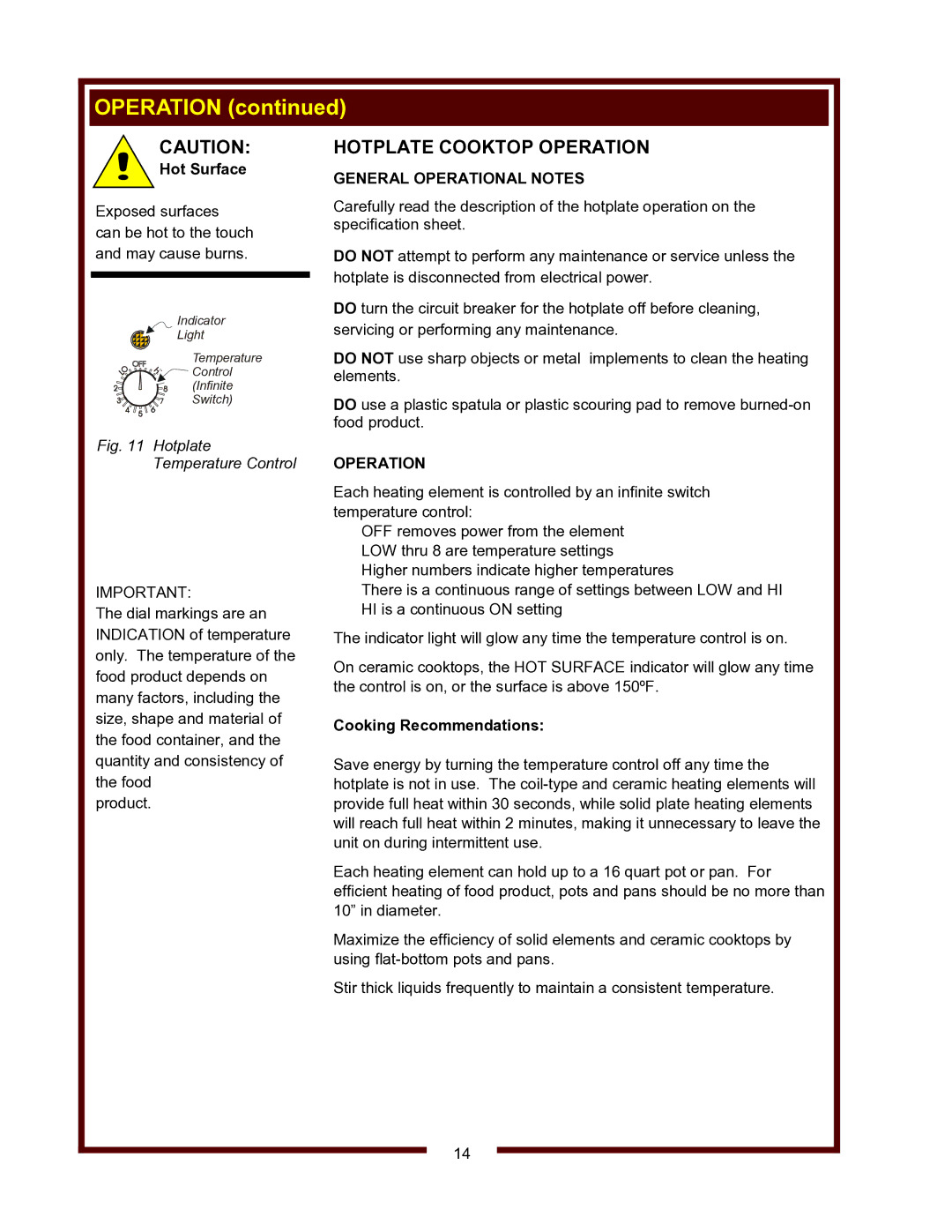 Wells WV-4HSRW operation manual Hotplate Cooktop Operation, General Operational Notes 