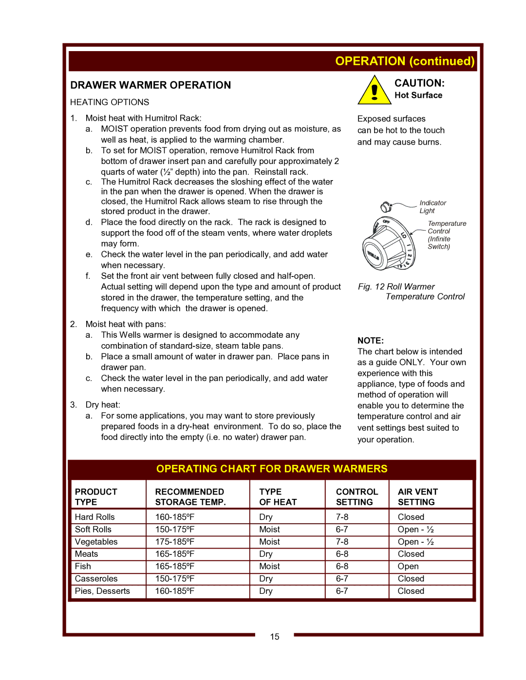 Wells WV-4HSRW operation manual Drawer Warmer Operation, Heating Options 