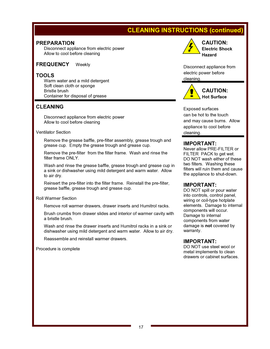 Wells WV-4HSRW operation manual Cleaning Instructions 