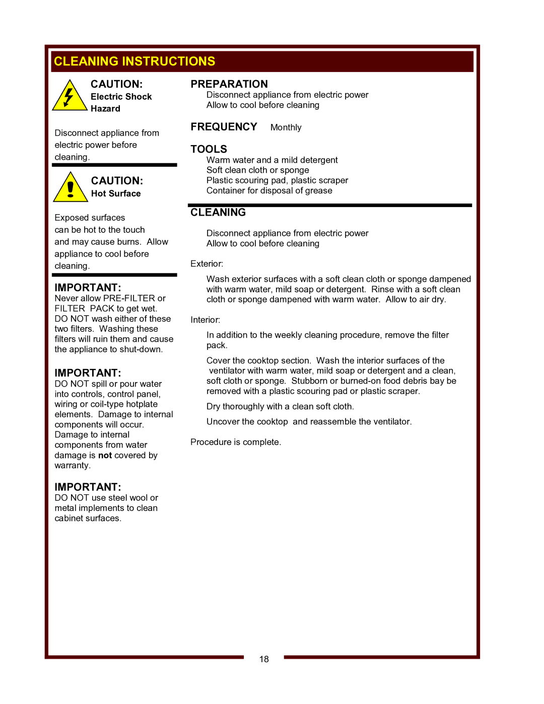 Wells WV-4HSRW operation manual Frequency Monthly 