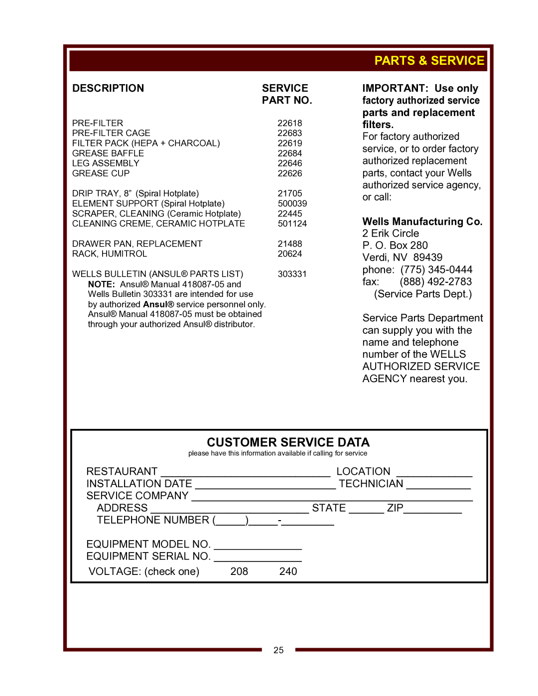 Wells WV-4HSRW operation manual Parts & Service, Description Service 