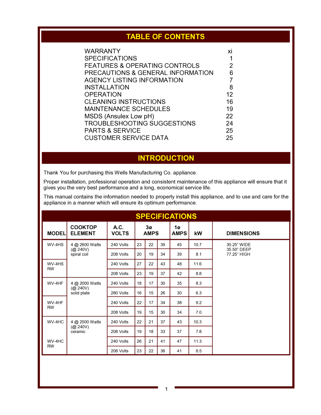 Wells WV-4HSRW operation manual Table of Contents, Introduction, Specifications 