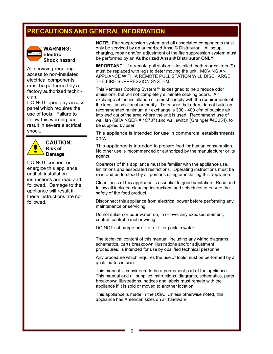 Wells WV-4HSRW operation manual Precautions and General Information, Electric Shock hazard 